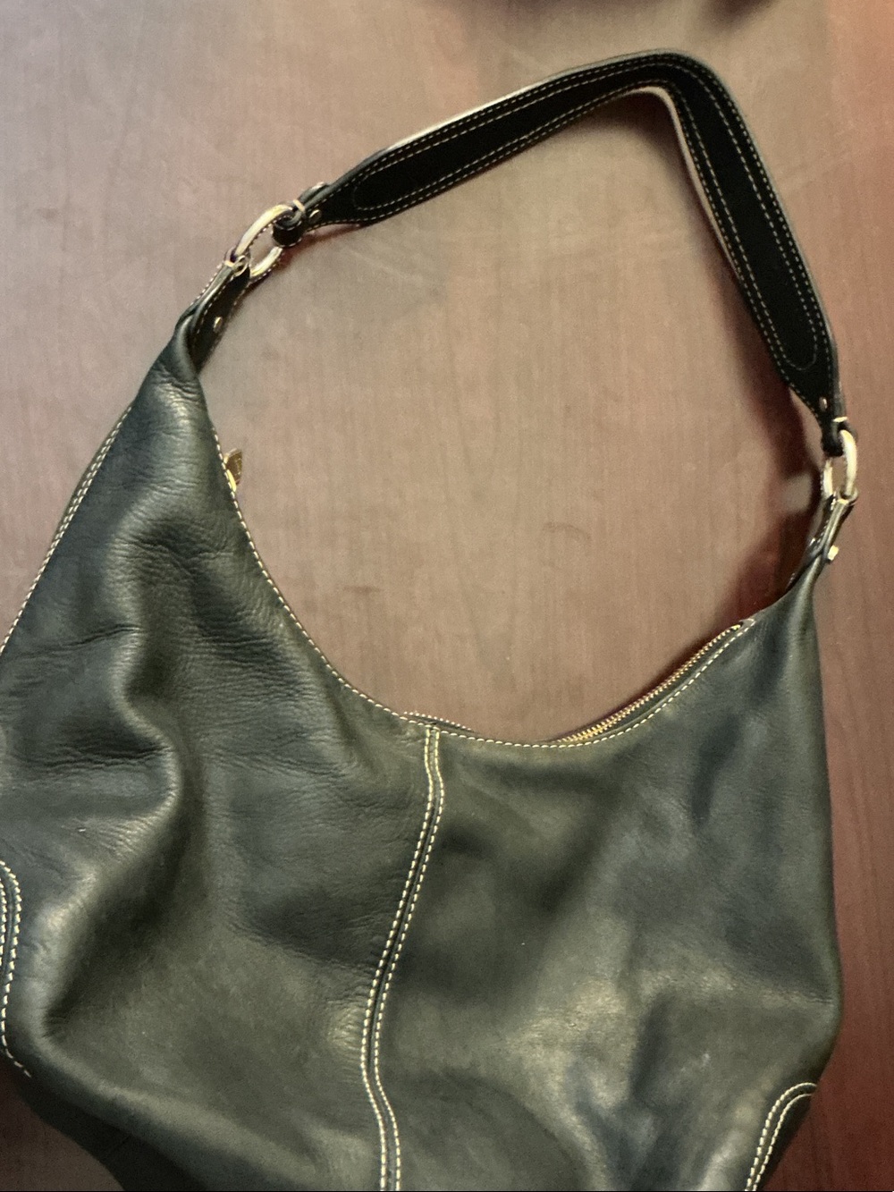 Liz Claiborne Black Leather Hobo with Cream Stitching and Gold Hardware